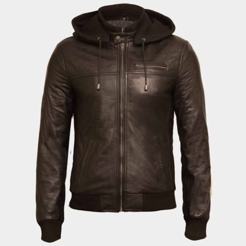 Men’s Fashion Real Leather Hooded Jacket - Chocolate Brown, small-2