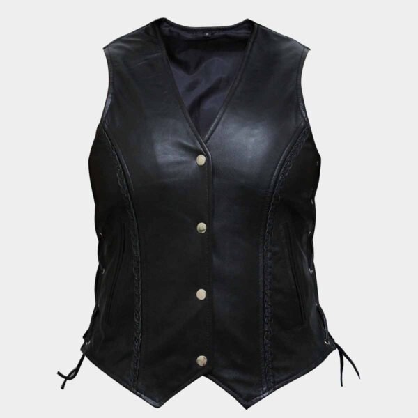 Soft Black Leather Vest Waist Coat for Women Bikers